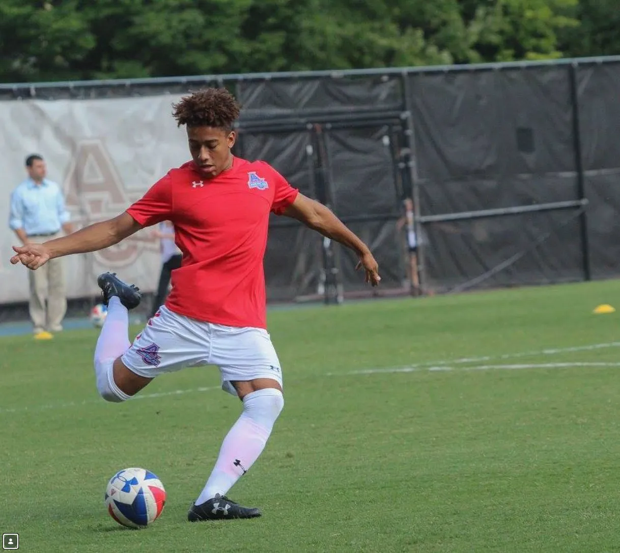 Jordan Gamarra playing soccer for American University
